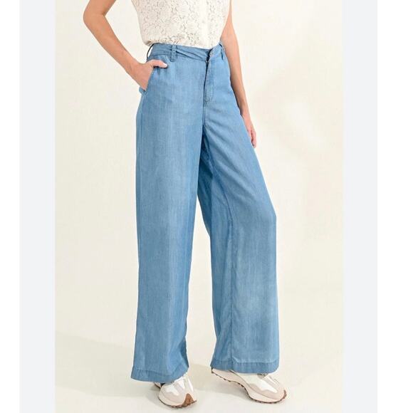 Molly Bracken Pants - Molly Bracken Wide Leg Chambray Boho Coastal Classic High Waisted Pants Small